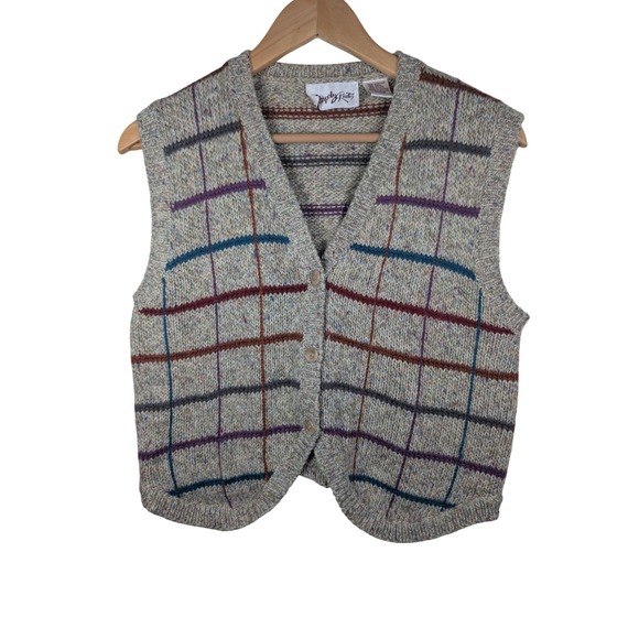Shapely Knits Sweaters - Shapely‎ Knits Vintage Wool Blend Plaid Sweater Vest Tweed Donegal Fleck Gray M